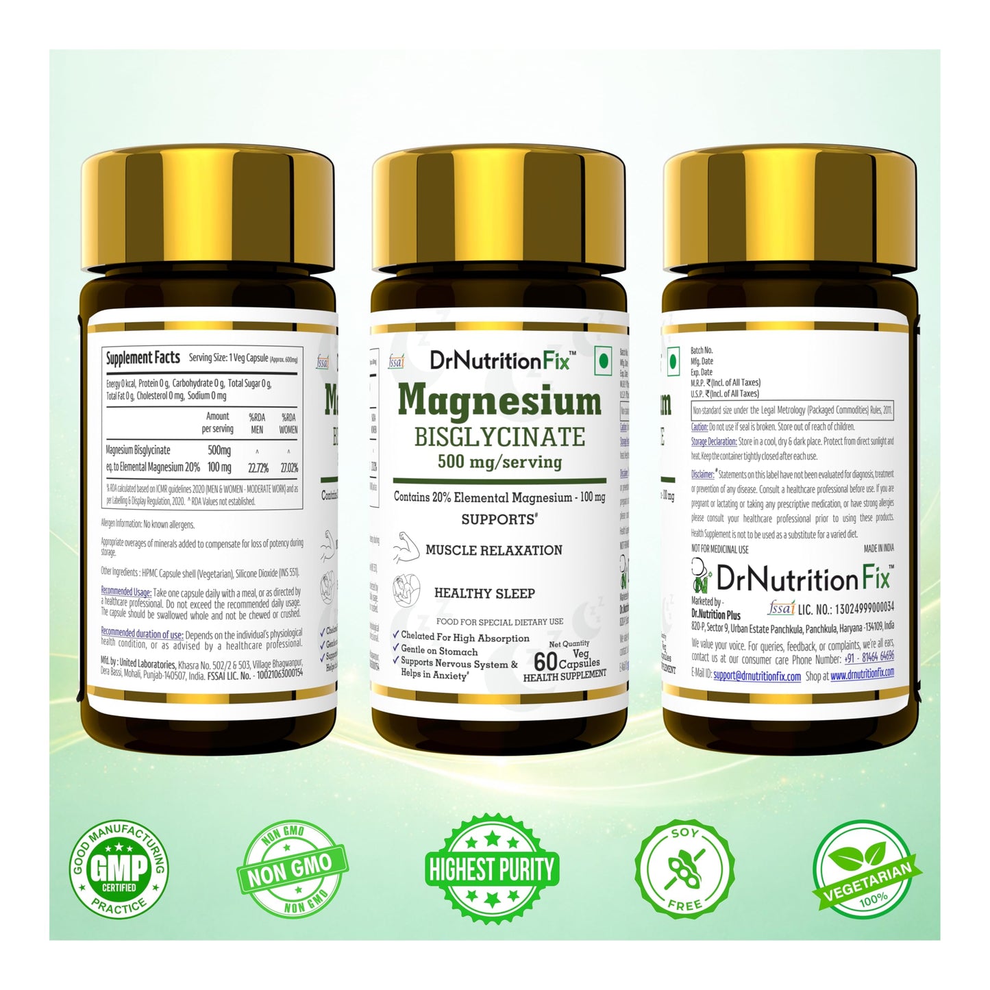 DrNutritionFix® Magnesium Glycinate 500mg | High Absorption Chelated Active Form | Preservative Free | Clean label | Helps in Natural Sleep, Muscle & Nervous System Health and Recovery | 60 Servings