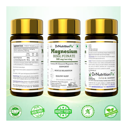 DrNutritionFix® Magnesium Glycinate 500mg | High Absorption Chelated Active Form | Preservative Free | Clean label | Helps in Natural Sleep, Muscle & Nervous System Health and Recovery | 60 Servings