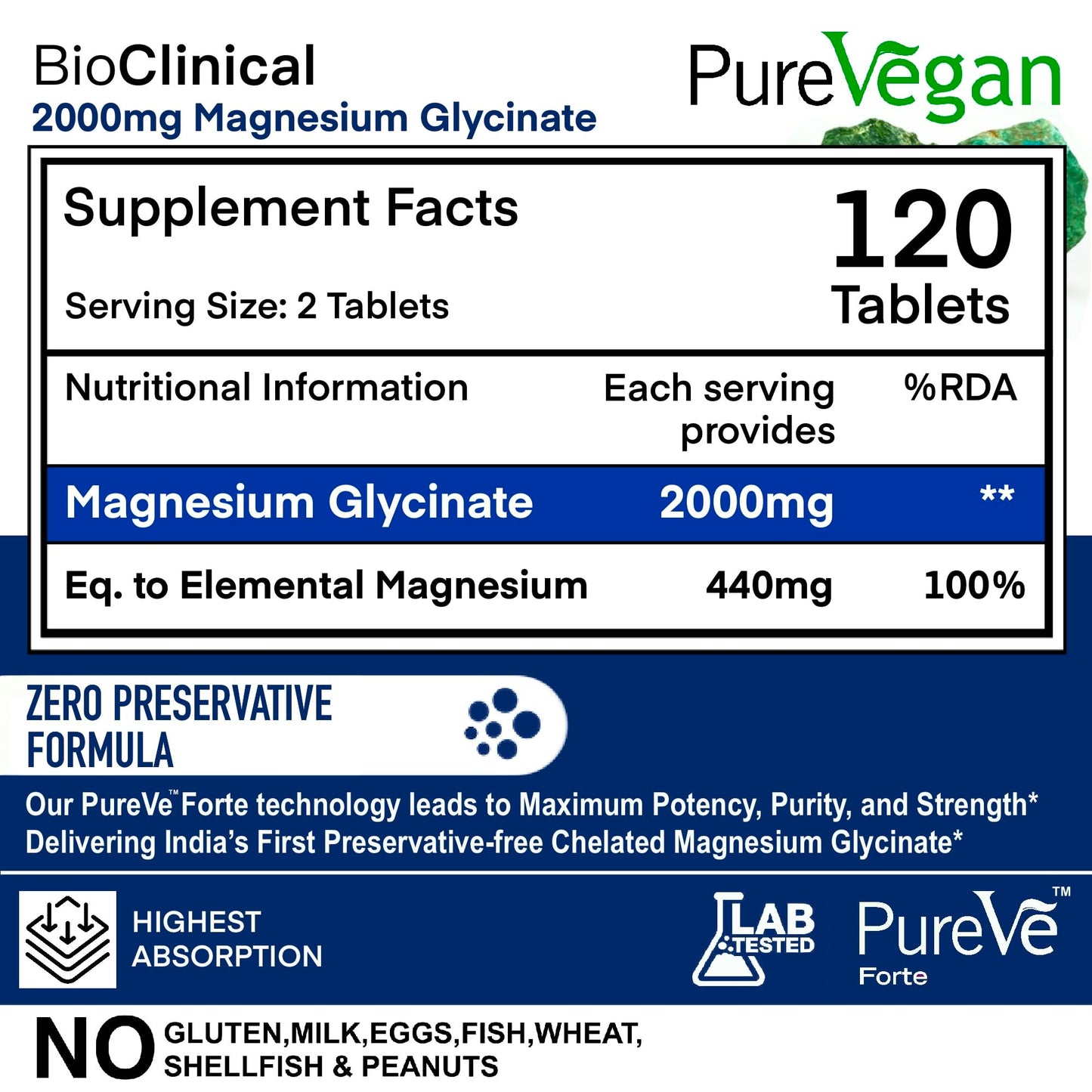 BioClinical Magnesium Glycinate Supplement 2000mg 120 Veg Tablets -High Absorption Chelated Magnesium Supplement Supports in Muscle Recovery, Sleep & Nerve Health for Men & Women -Zero Preservatives