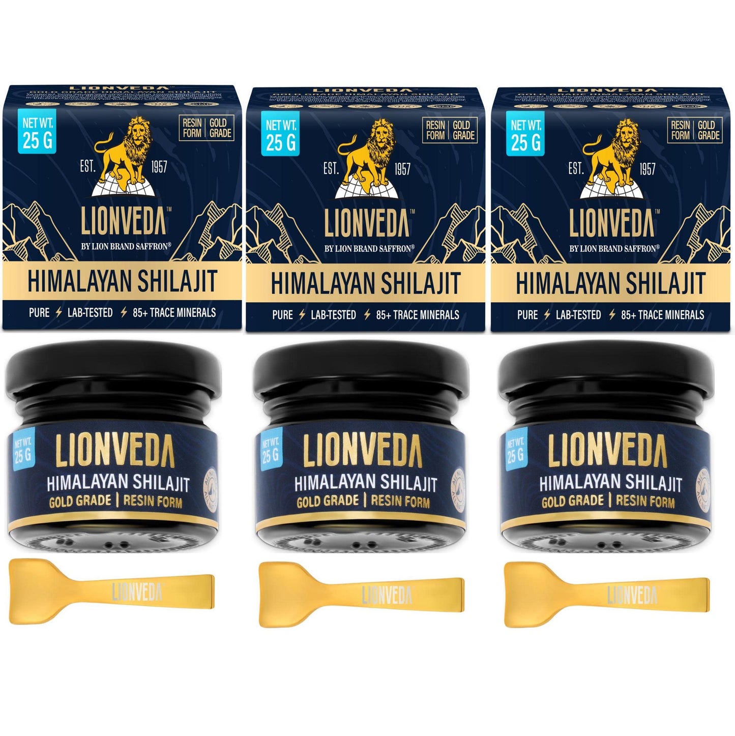 LIONVEDA 75g Original Himalayan Shilajit Resin(Certified Gold Grade) for Men, Gym, Stamina, Energy & Improved Health | 100% Pure Shilajit Liquid (3 X 25g = 75gm (Pack of 3))