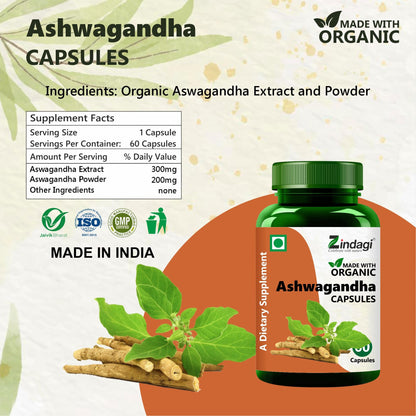 Zindagi Ashwagandha Extract Capsules - Herbal Supplement - Immunity Booster 60 Caps (Pack of 1)