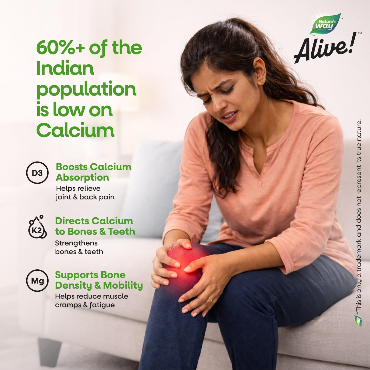 Nature's Way Alive Calcium Bone Support with Vitamin D3,Magnesium and Vitamin K2-7 | Joint and Bone support for Men & Women | Natural Calcium for Strong Bones & Teeth - 60 Veg Tablets