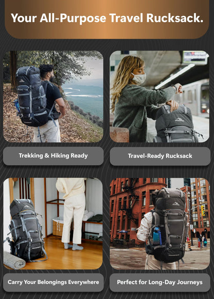 TRAWOC TRAILMASTER 80L Rucksack Bag for Men & Women, Large Water Resistant Trekking Hiking Bag Travel Backpack, Grey, 3 Year Warranty