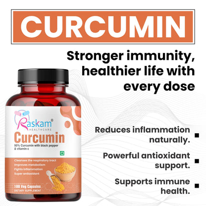 Raskam Curcumin 100 veg capsules-with 95% Curcuminoids - Higher Absorption- Antioxidant & Anti-inflammatory Supplement - For Skin, Joint Support, Boosts Immune System