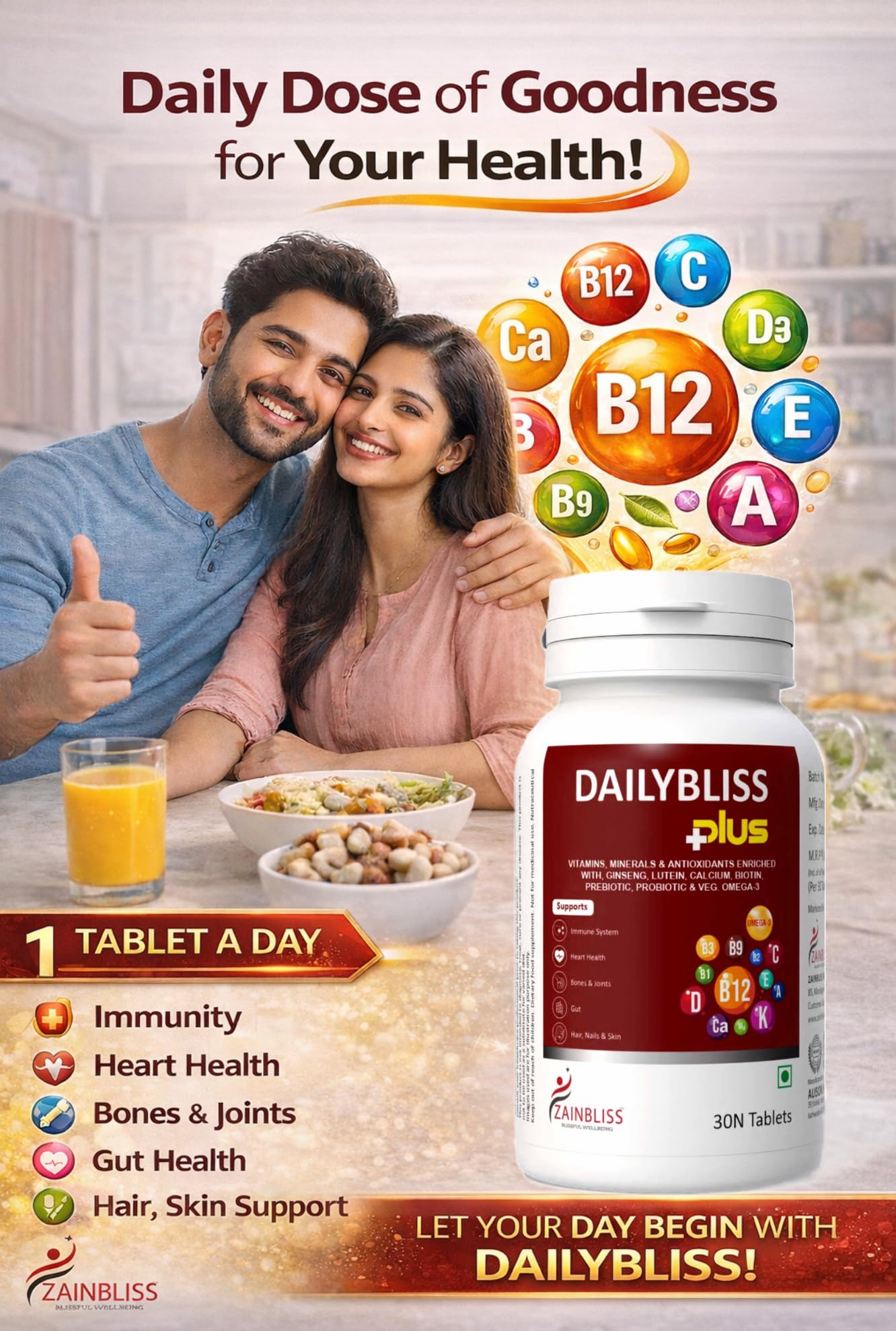 Dailybliss Plus Multivitamin Tablets – 30 Veg Tablets | With Veg Omega-3, Antioxidants, Vitamin B Complex, Calcium, Vitamin D, Biotin, Prebiotic & Probiotic | Daily Health Supplement for Energy, Immunity, Hair, Skin & Bone Support