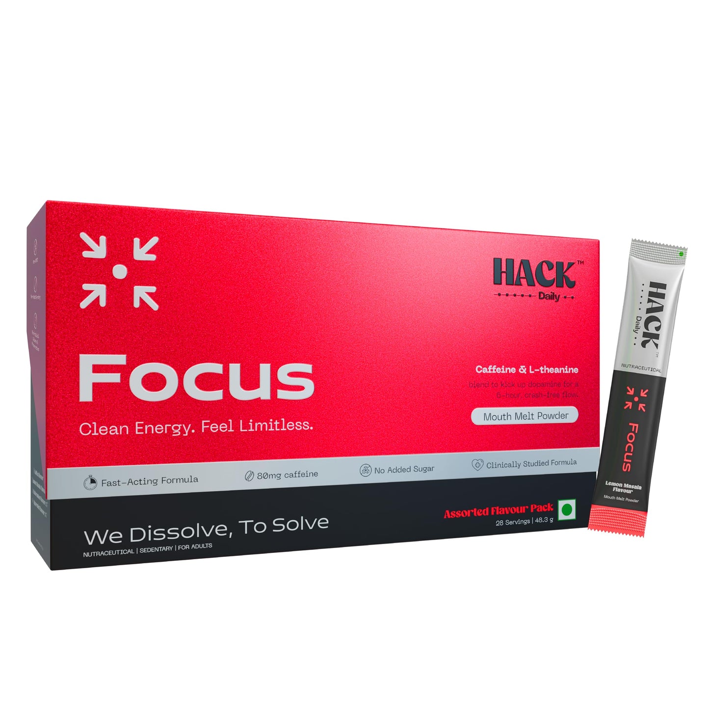 Hack Daily Energy & Focus Mouth Melt Powder 28 Sachets, 80mg Caffeine + 60mg L-Theanine, Vitamin B6 & B12, No Added Sugar, Quick Energy Boost & Mental Focus, Assorted Flavours (Coffee, Lemon Masala, Spearmint, Watermelon)
