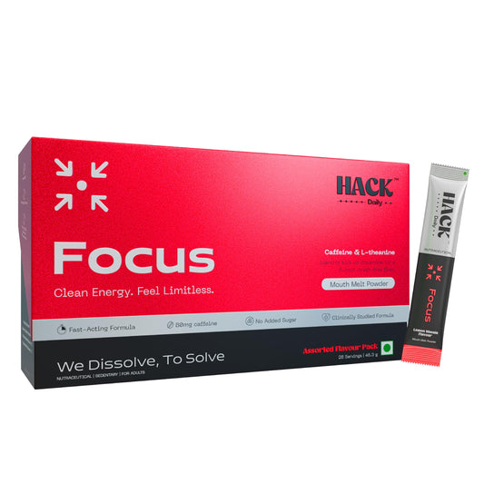 Hack Daily Energy & Focus Mouth Melt Powder 28 Sachets, 80mg Caffeine + 60mg L-Theanine, Vitamin B6 & B12, No Added Sugar, Quick Energy Boost & Mental Focus, Assorted Flavours (Coffee, Lemon Masala, Spearmint, Watermelon)
