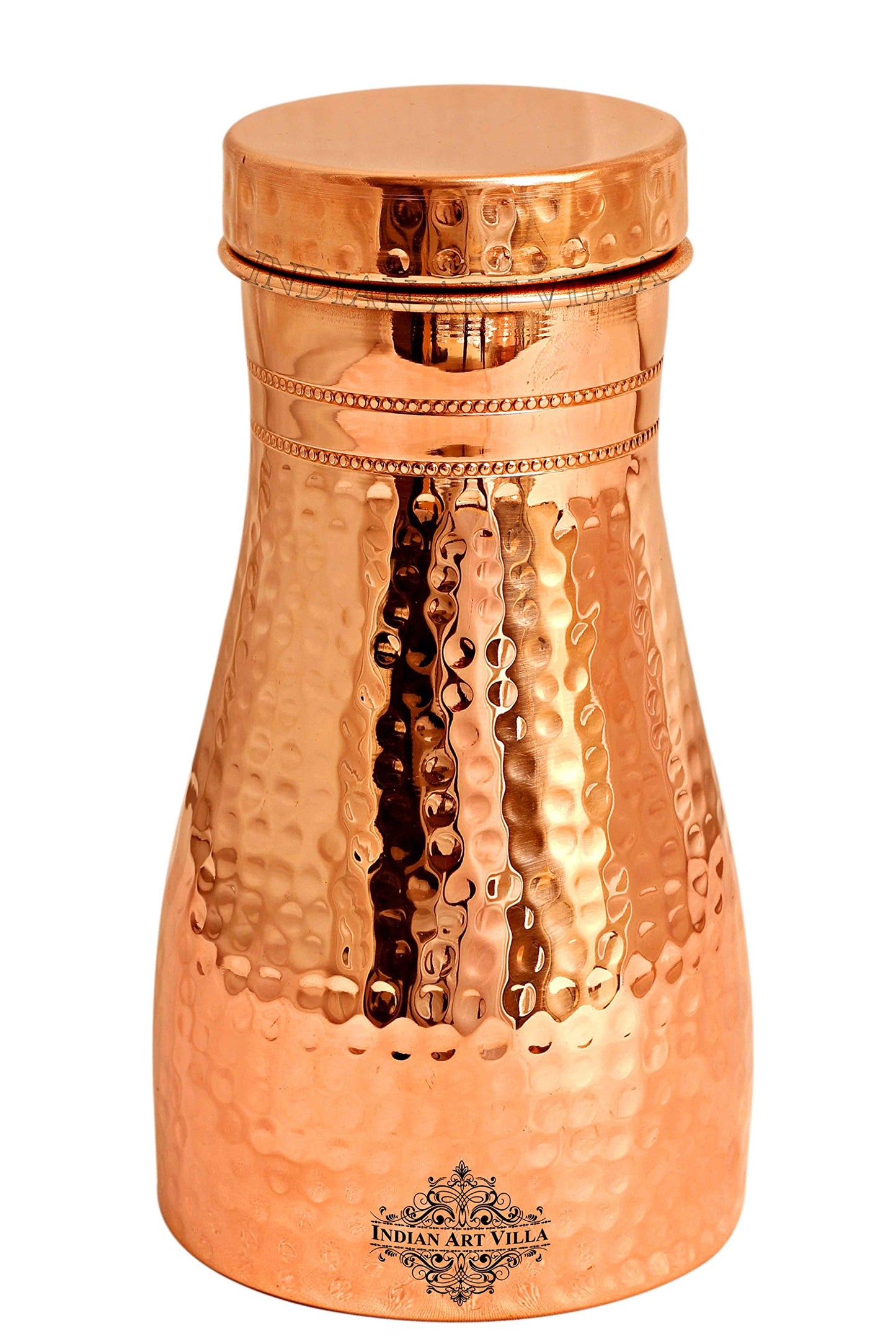 INDIAN ART VILLA Pure Copper Bedroom Water Bottle with Inbuilt Glass, Hammered Shine Design, Drinkware and Storage Purpose, 1000 ml (Pack of 1)