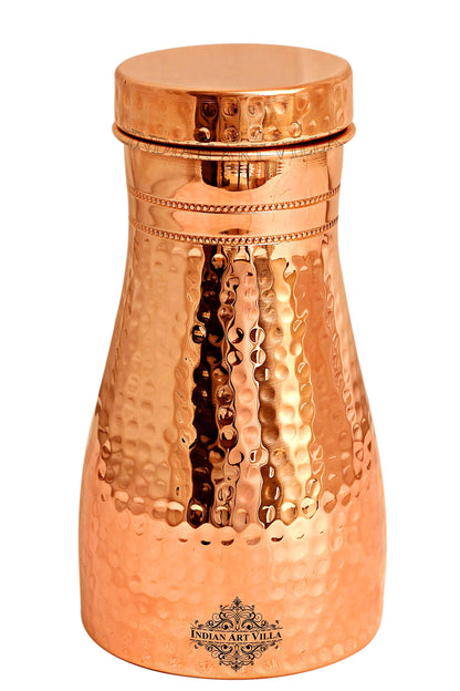 INDIAN ART VILLA Pure Copper Bedroom Water Bottle with Inbuilt Glass, Hammered Shine Design, Drinkware and Storage Purpose, 1000 ml (Pack of 1)