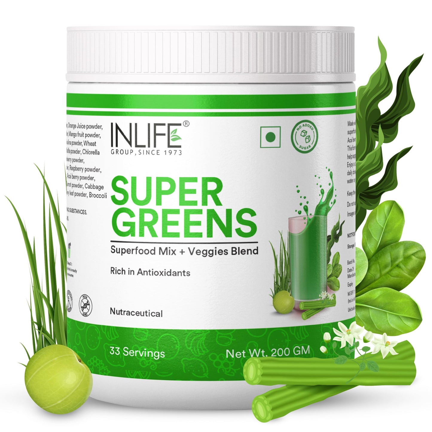 INLIFE Super Greens Powder Supplement | Spirulina, Moringa, Chlorella, Alfalfa, Wheat Grass, Barley Grass Blend | 200g