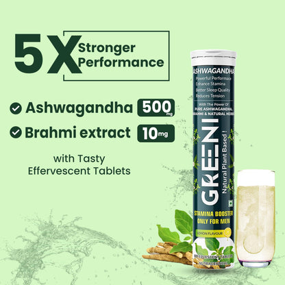 Greeni Ashwagandha Effervescent Tablets with Brahmi and Natural Herbs (Pack of 1, 15 Tablets)