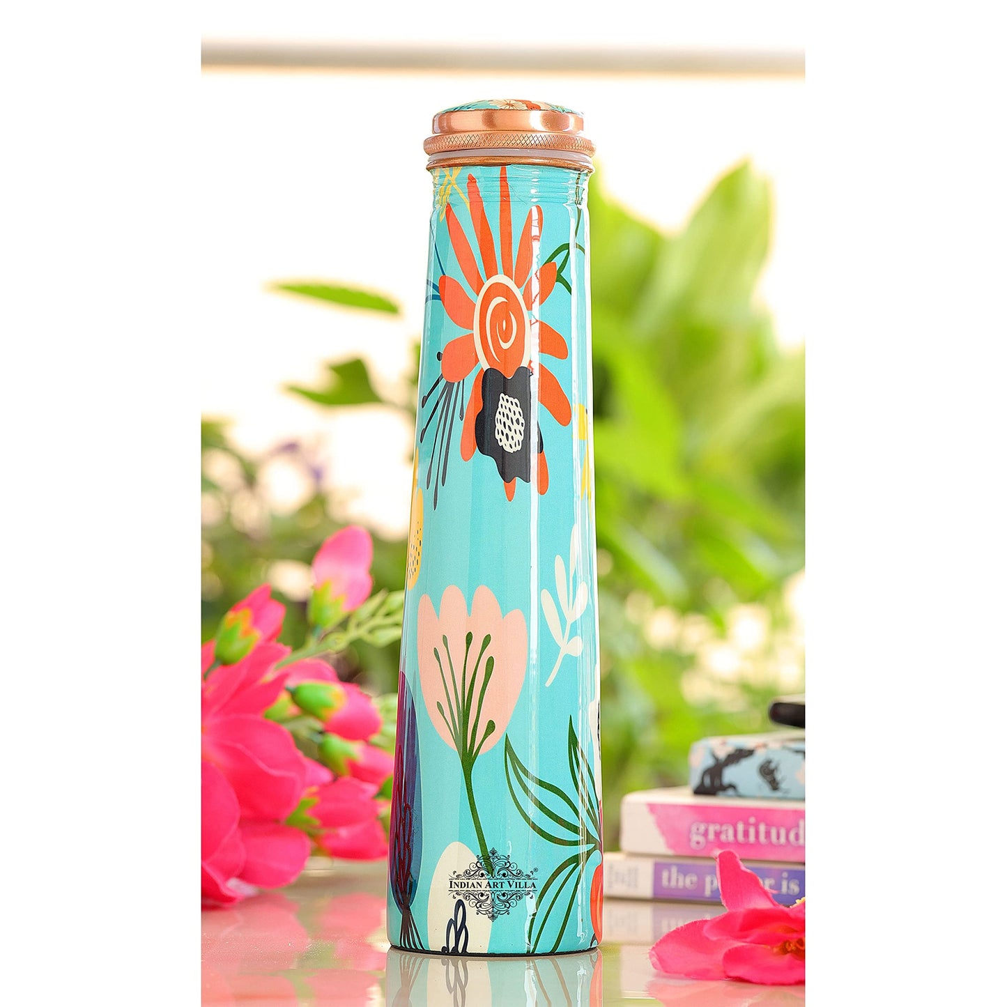 Indian Art Villa Copper Tube Slim Bottle in Turquoise Comic/Cartoonish Floral Print, Volume - 750 ML, Pack of 2