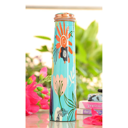 Indian Art Villa Copper Tube Slim Bottle in Turquoise Comic/Cartoonish Floral Print, Volume - 750 ML, Pack of 2