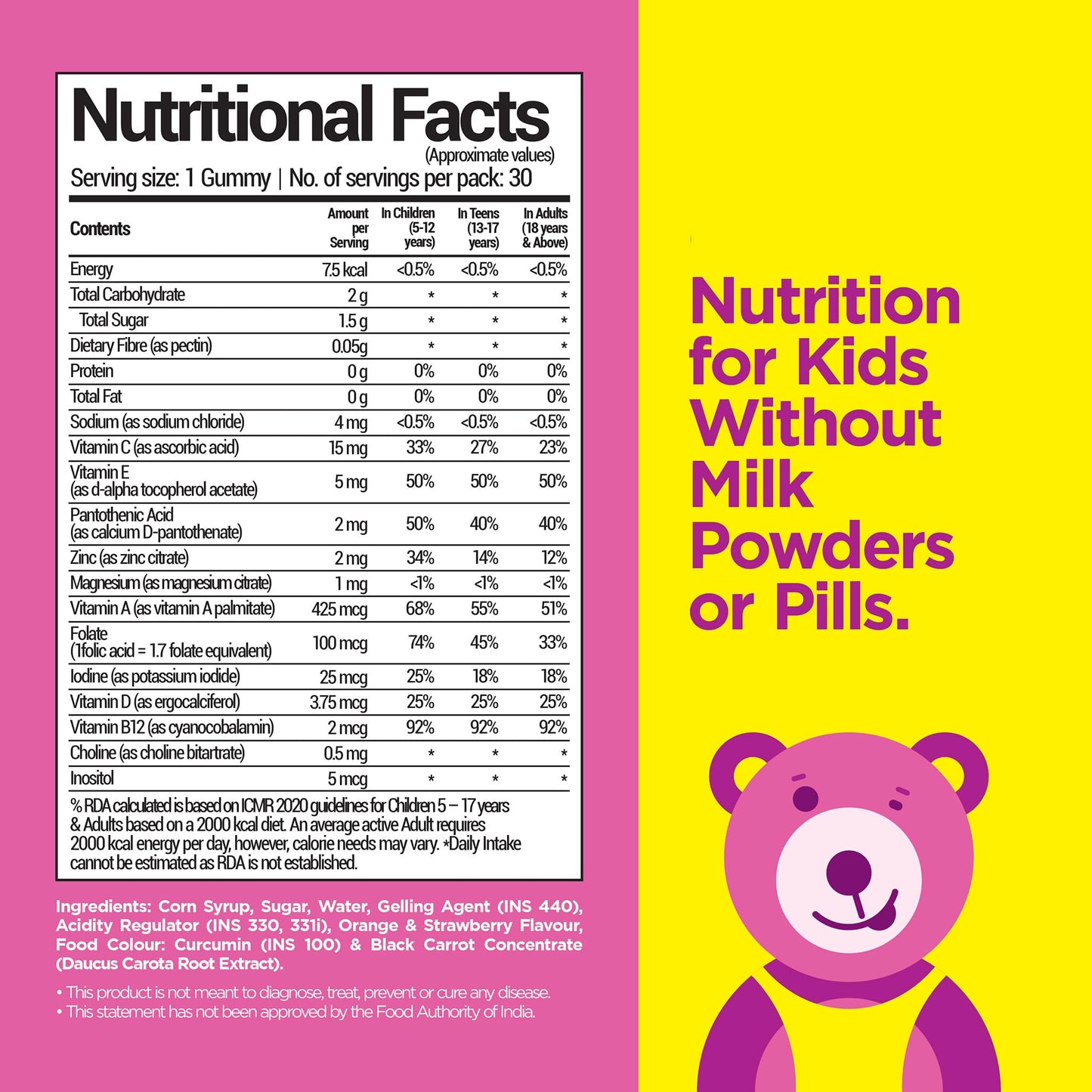 NutriBears Multivitamin, Calcium and Immune Gummies for Kids, Combo Pack of 3 (90 Gummy Bears, Strawberry, Orange & Mango Flavour) Vitamin C, D, & Zinc for Immunity, Supplement for Strong Teeth and Bones