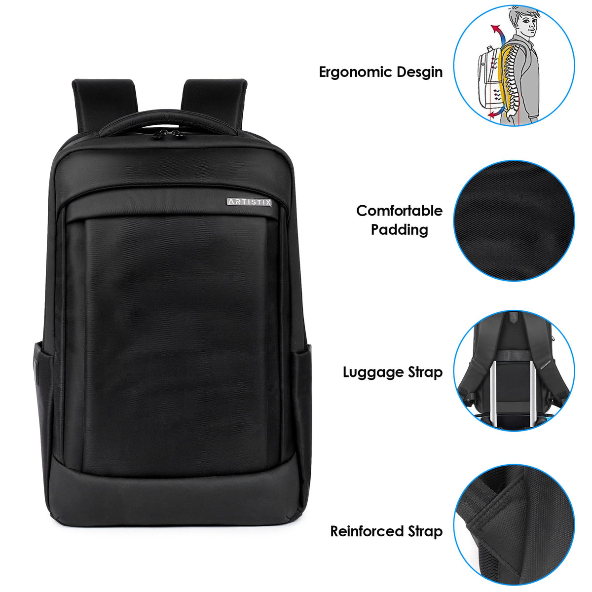 Artistix TechEssence Premium Business Backpack 28 L Office Travel Laptop Bag with 15.6 Inch Laptop Compartment Multiple Pockets Comfortable and Padded Backpack, Black
