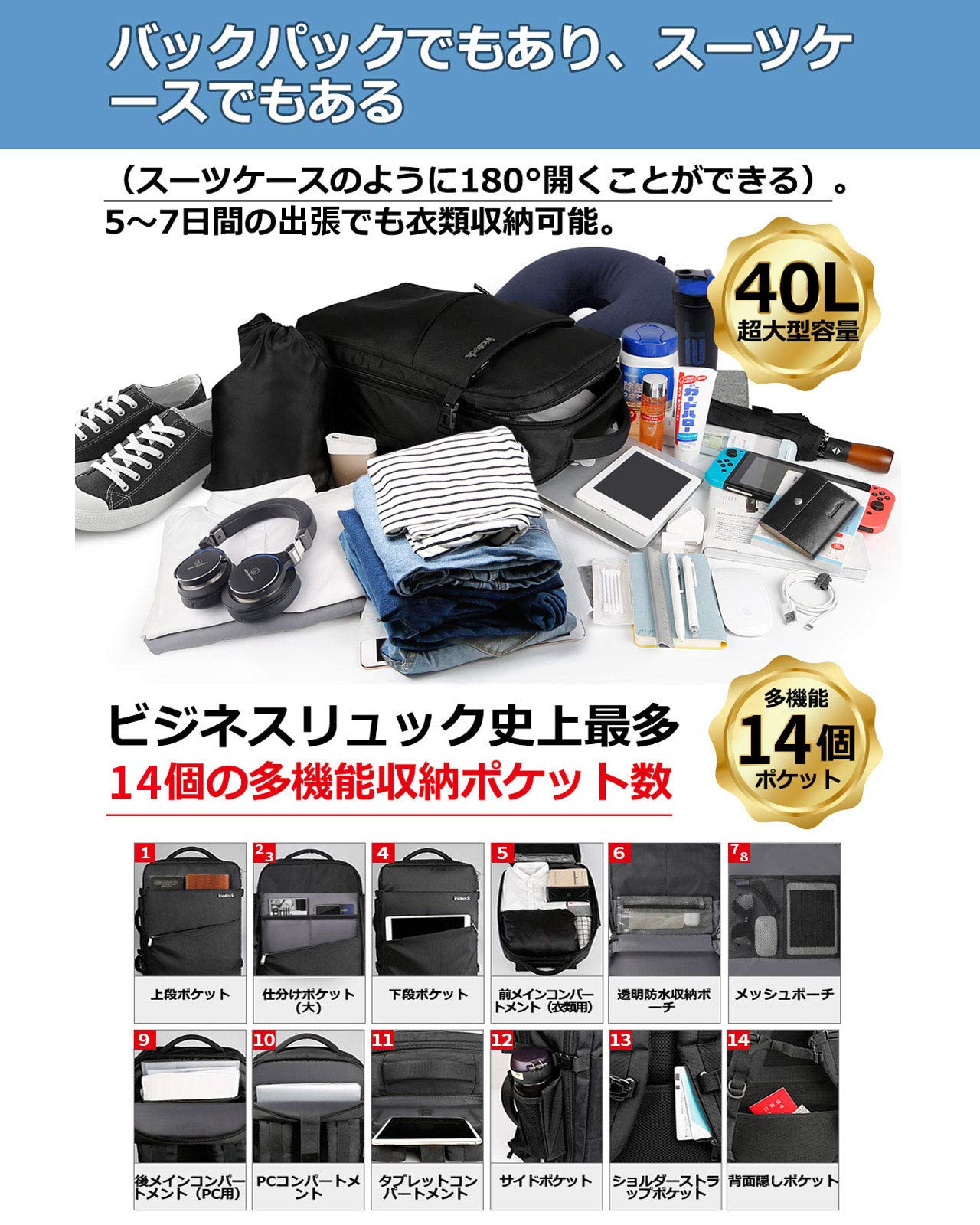 Inateck 40L Travel Backpack, Business Backpack, Large Capacity, 3-Way B- image 6