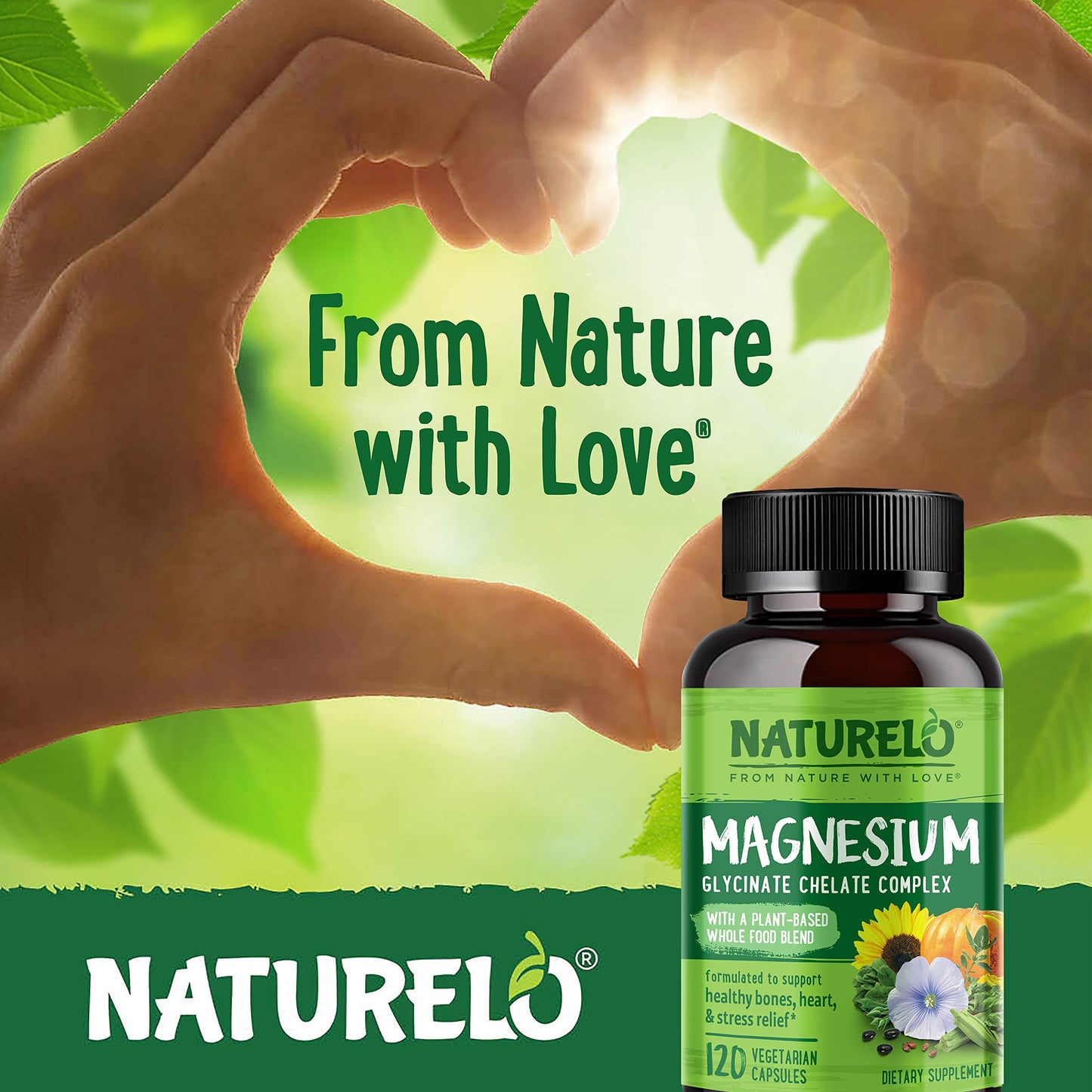 Naturelo Magnesium Glycinate Supplement 200 mg 120 Vegetarian Capsules