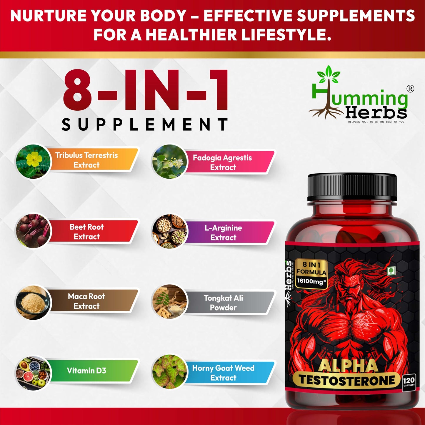 Humming Herbs Alpha Testosterone Supplement – Tribulus, Fadogia Agrestis, Epimedium (Horny Goat Weed), L‑Arginine, Beet Root, Tongkat Ali, Maca & Vitamin D3 – 120 Vegan Capsules (60 Servings)