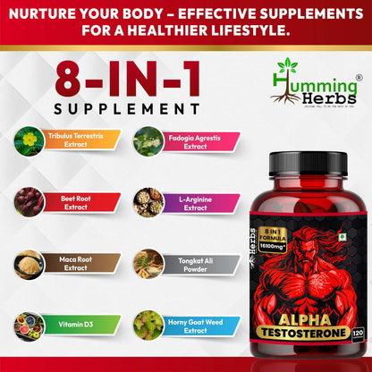 Humming Herbs Alpha Testosterone Supplement – Tribulus, Fadogia Agrestis, Epimedium (Horny Goat Weed), L‑Arginine, Beet Root, Tongkat Ali, Maca & Vitamin D3 – 120 Vegan Capsules (60 Servings)