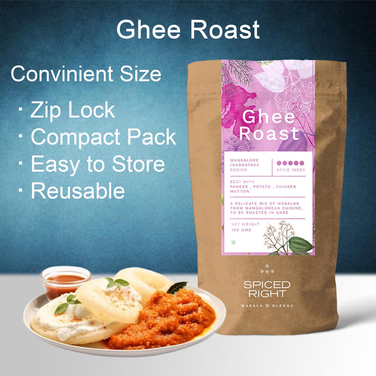 Spiced Right Mangalore Ghee Roast Masala 100g – Authentic South Indian Spice Blend for Chicken, Mutton, Prawn, Paneer & Veg Dishes – No Artificial Flavouring or Colouring