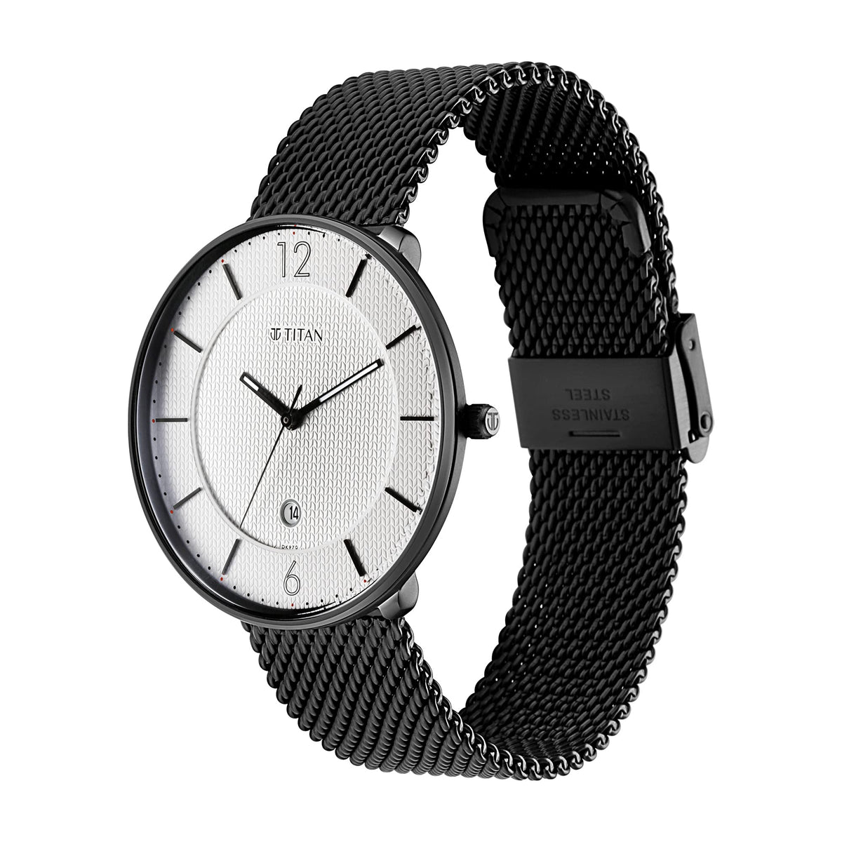Titan Minimalist Quartz Analog with Date White Dial Black Stainless Steel Strap Watch for Men - NT1849NM01