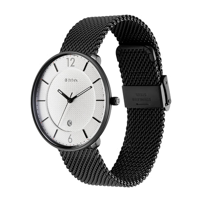 Titan Minimalist Quartz Analog with Date White Dial Black Stainless Steel Strap Watch for Men - NT1849NM01