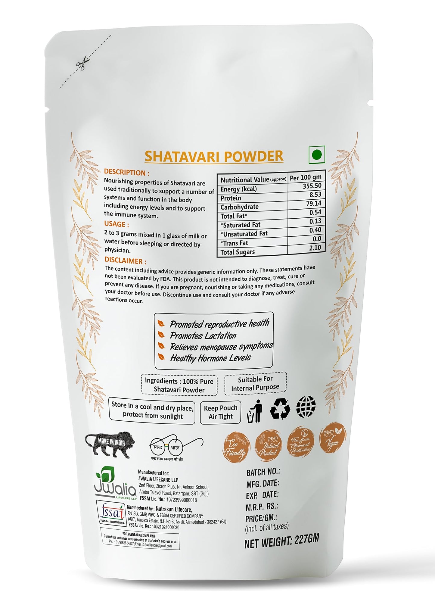 MYHERB 100% Natural Organic Shatavari Powder (Asparagus racemosus) || 227 Gm/0.5 Lbs || Promotes Vitality and Strength || For Men & Women