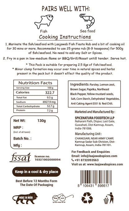 Laajawab India's First All-In-One Natural Fish & Prawn Masala Marinade For Delicious & Superfast Cooking|Robust Blend Of Parsley,Yellow Mustard,Lemon & Black Pepper,130 Gram