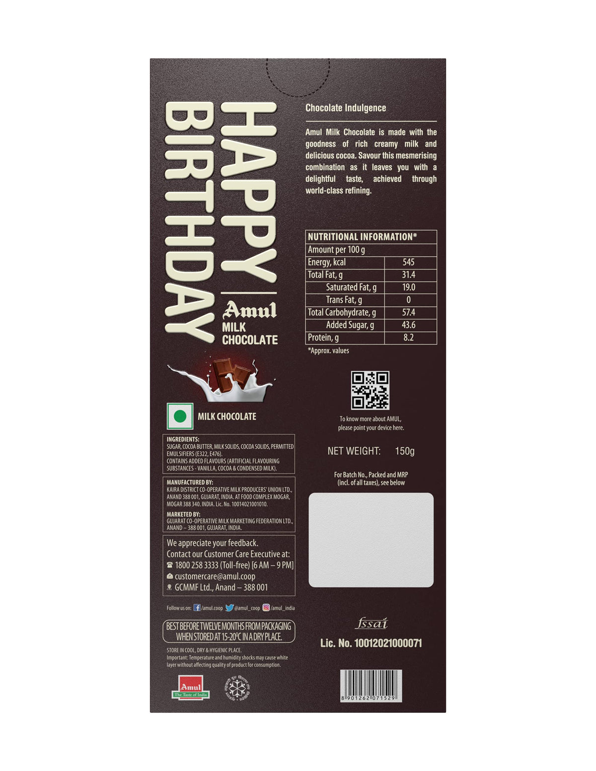 Amul Milk Chocolate - Happy Brithday, 150 g