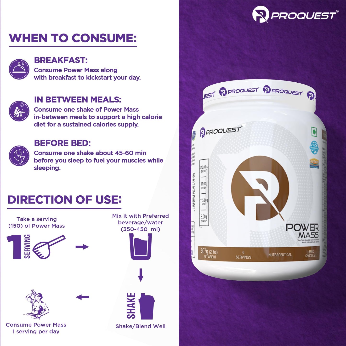 Proquest Power Mass Gainer Chocolate 907g + Creatine 90g + Free Shaker Combo | 546 kcal, 17g Protein, Digezyme® & Probiotics | Muscle Gain & Recovery Support