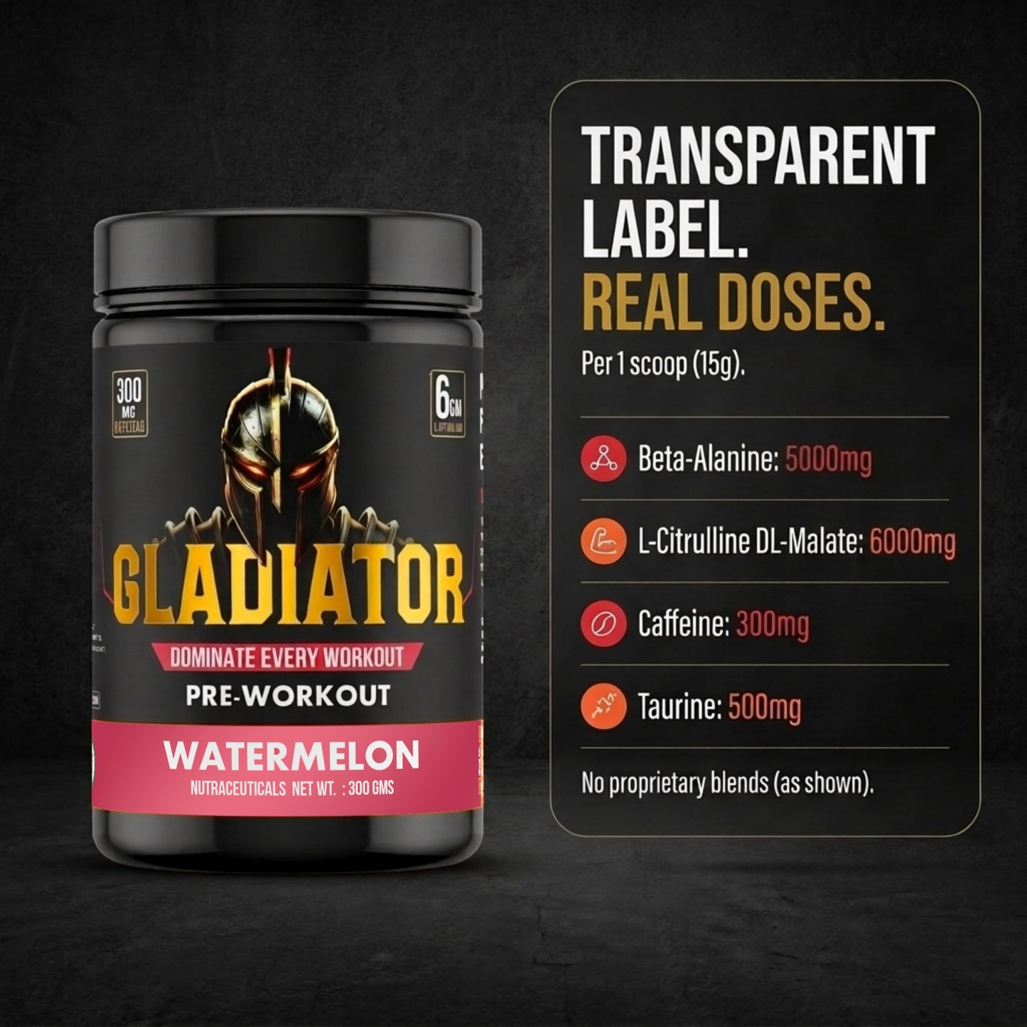 BEN Gladiator Pre-Workout 300 gm Watermelon |300 mg Natural CAFFEINE|EXTREME Pre Workout|6 gm L-Citrulline|Lazer Focus& INSANE pumps