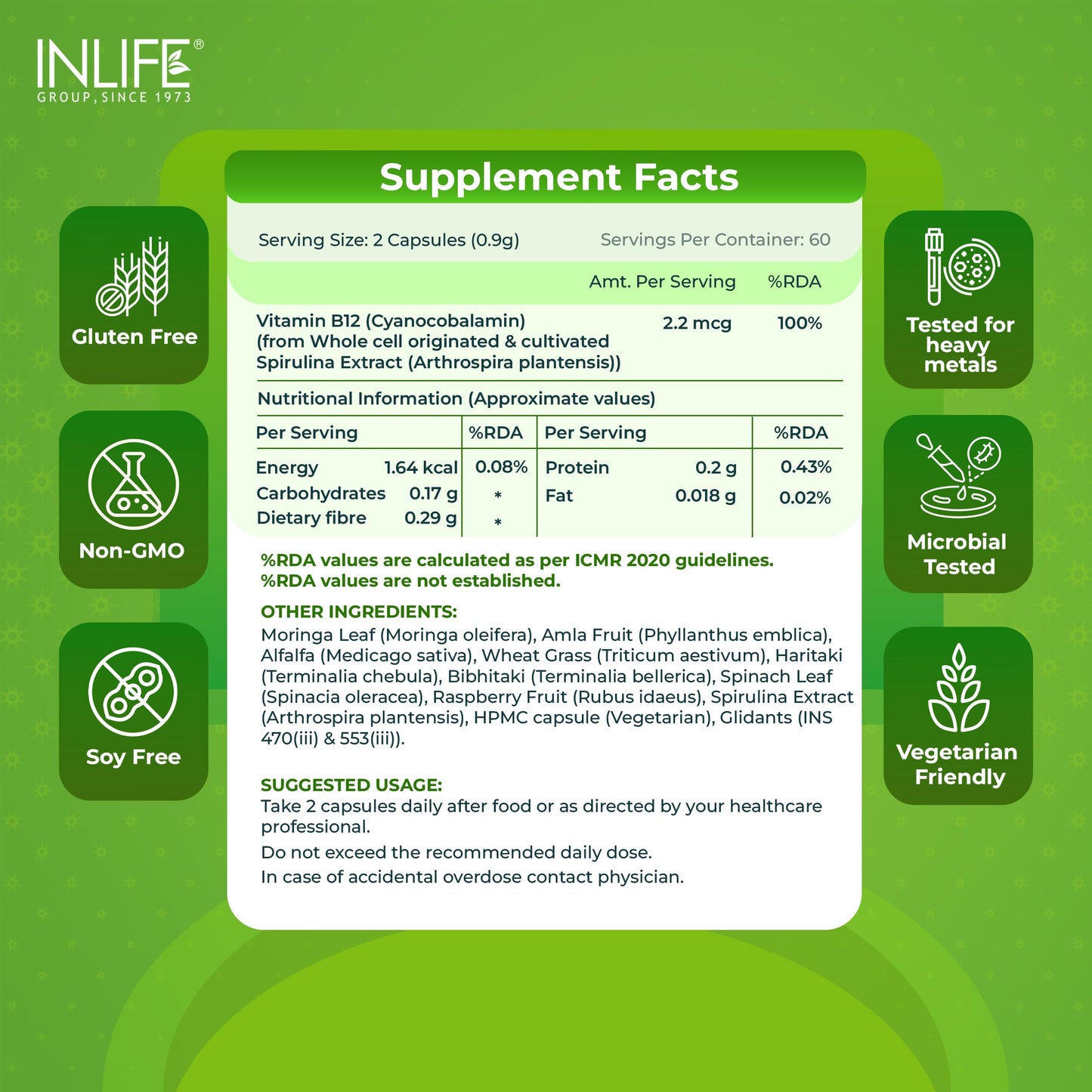 INLIFE Plant Based Vitamin B12 Supplements for Men & Women| Superfood Formula | B12 from Spirulina Extract - 120 Vegetarian Capsules (Pack of 1, 120)