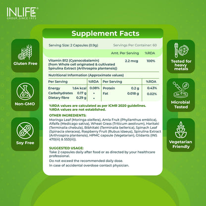 INLIFE Plant Based Vitamin B12 Supplements for Men & Women| Superfood Formula | B12 from Spirulina Extract - 120 Vegetarian Capsules (Pack of 1, 120)