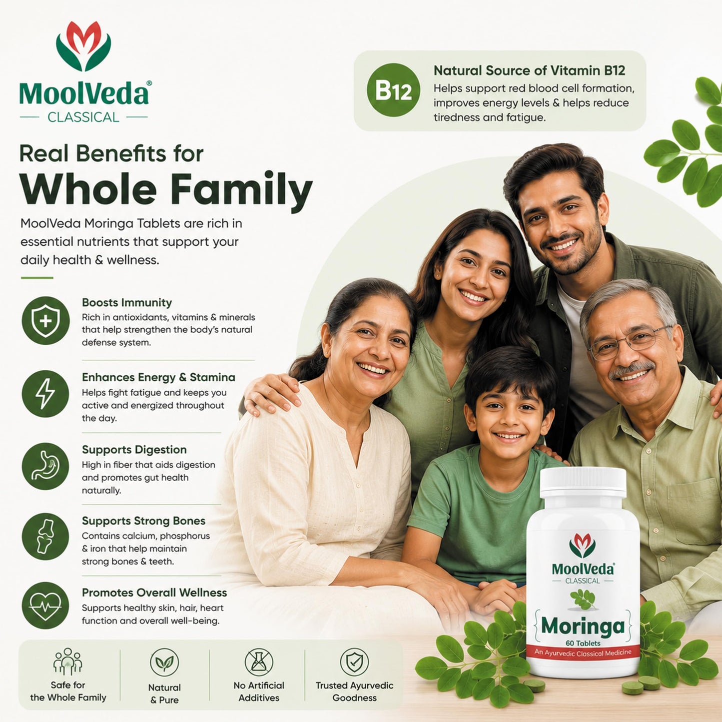 Moolveda Moringa Tablets 60 Veg Tablets | Natural Energy Support | Immune Health Support | Herbal Moringa Supplement for Skin & Hair