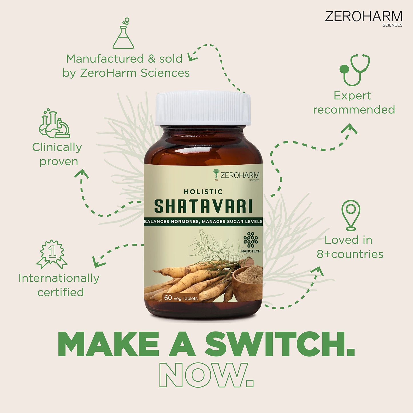 ZEROHARM Holistic Shatavari tablets | Herbal health supplement for women | Balanced hormones | Antioxidant effects | Boosts overall health | Reduces acne | Improves chances of conception.