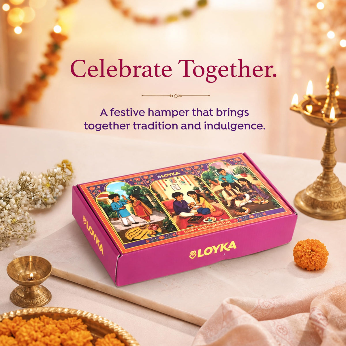 LOYKA Festive Aura Rakhi Gift Hamper for Brother & Sister -12 Inclusions - Premium Almond Brittle Gold, Caramel Almonds & Paancho Chocolate Sweets Combo - 2 Rakshabandhan Set with, Roli Chawal & Card