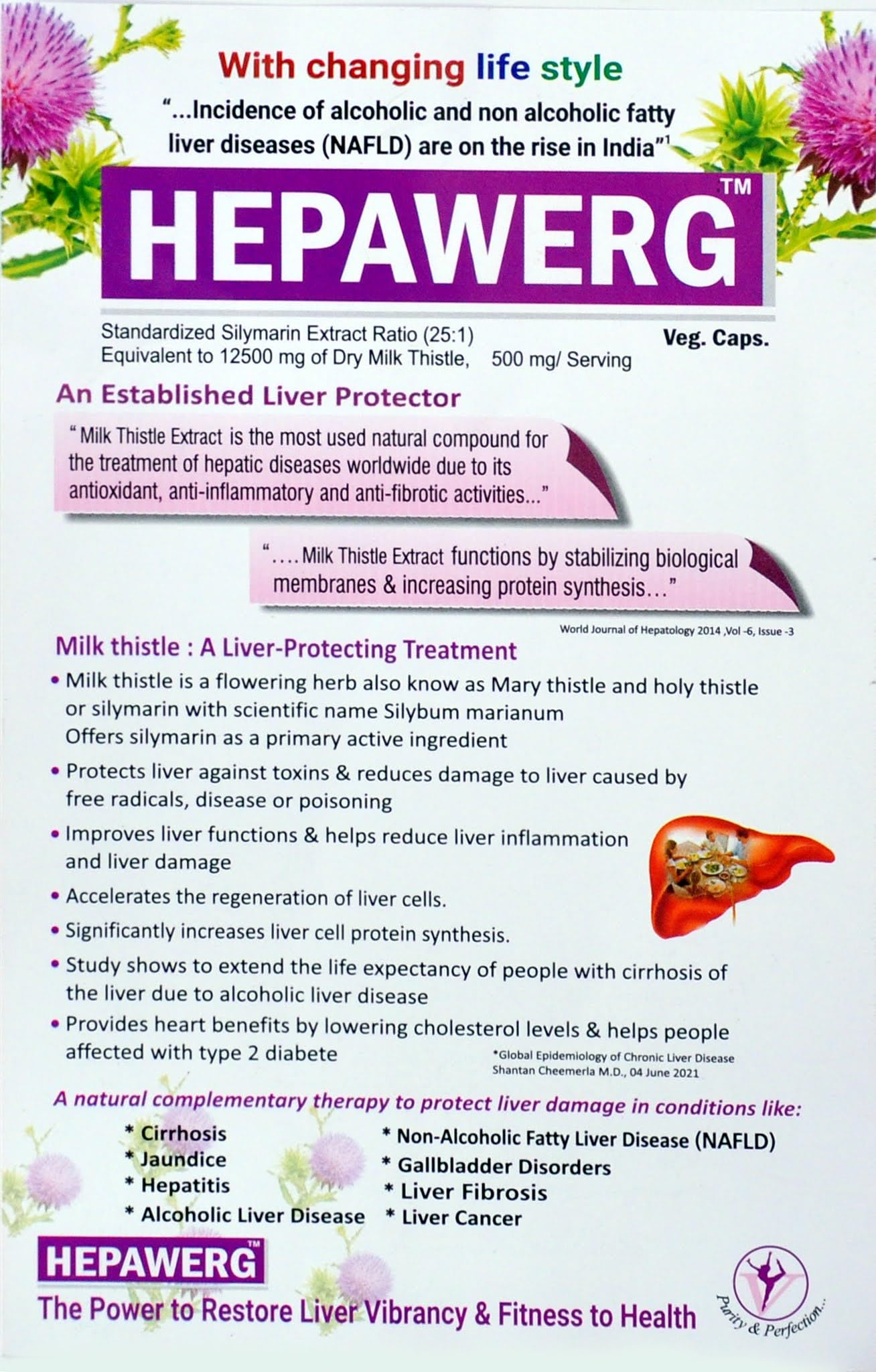 Hepawerg Milk Thistle Capsules with Silymarin for Liver Support, Detox & Cleanse | Liver Health Supplement for Fatty Liver Care, Antioxidant Protection & Daily Wellness | 30 Veg Capsules