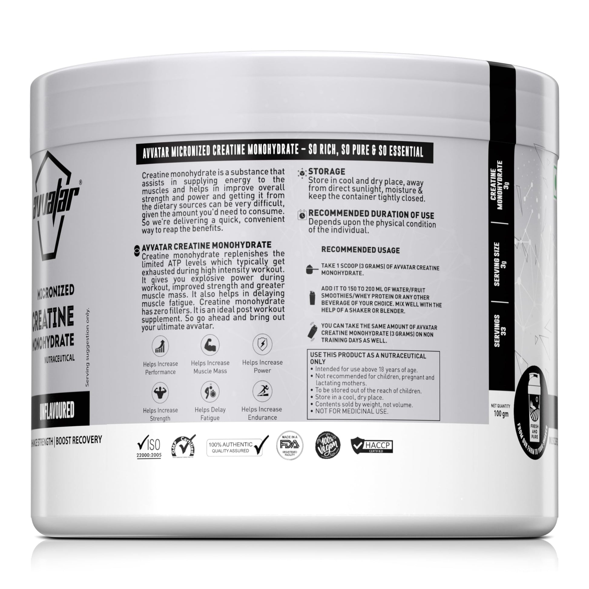 avvatar MICRONIZED CREATINE MONOHYDRATE Powder (100G, 33 Servings) | Un- image 4