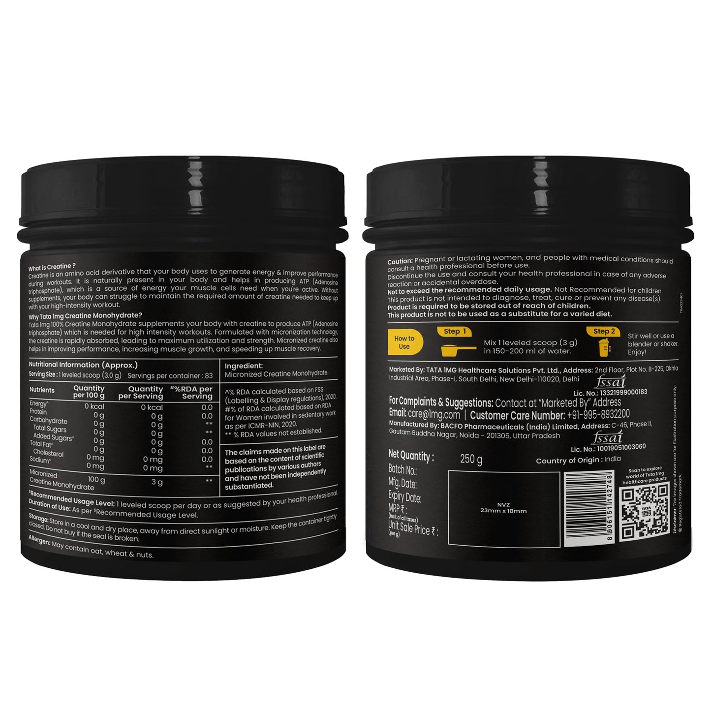 TATA 1MG Creatine Monohydrate | Pure, Micronized (83 servings,250gm) No Additives, No Preservatives | Zero Calories | Boosts Strength, Power & Recovery | Fast Absorption | Unflavoured
