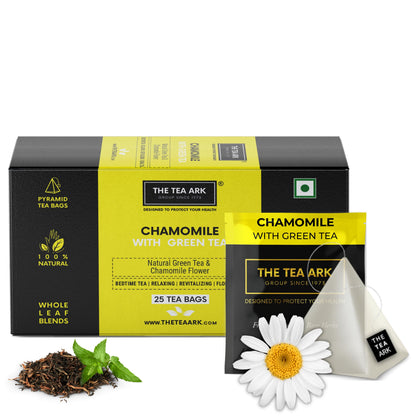 The Tea Ark Chamomile Tea Bags (25 Count) | Herbal Green Tea | Natural Whole Flower Buds of Chamomile | Individually Wrapped Pyramid Tea Bags (25 Tea Bags)