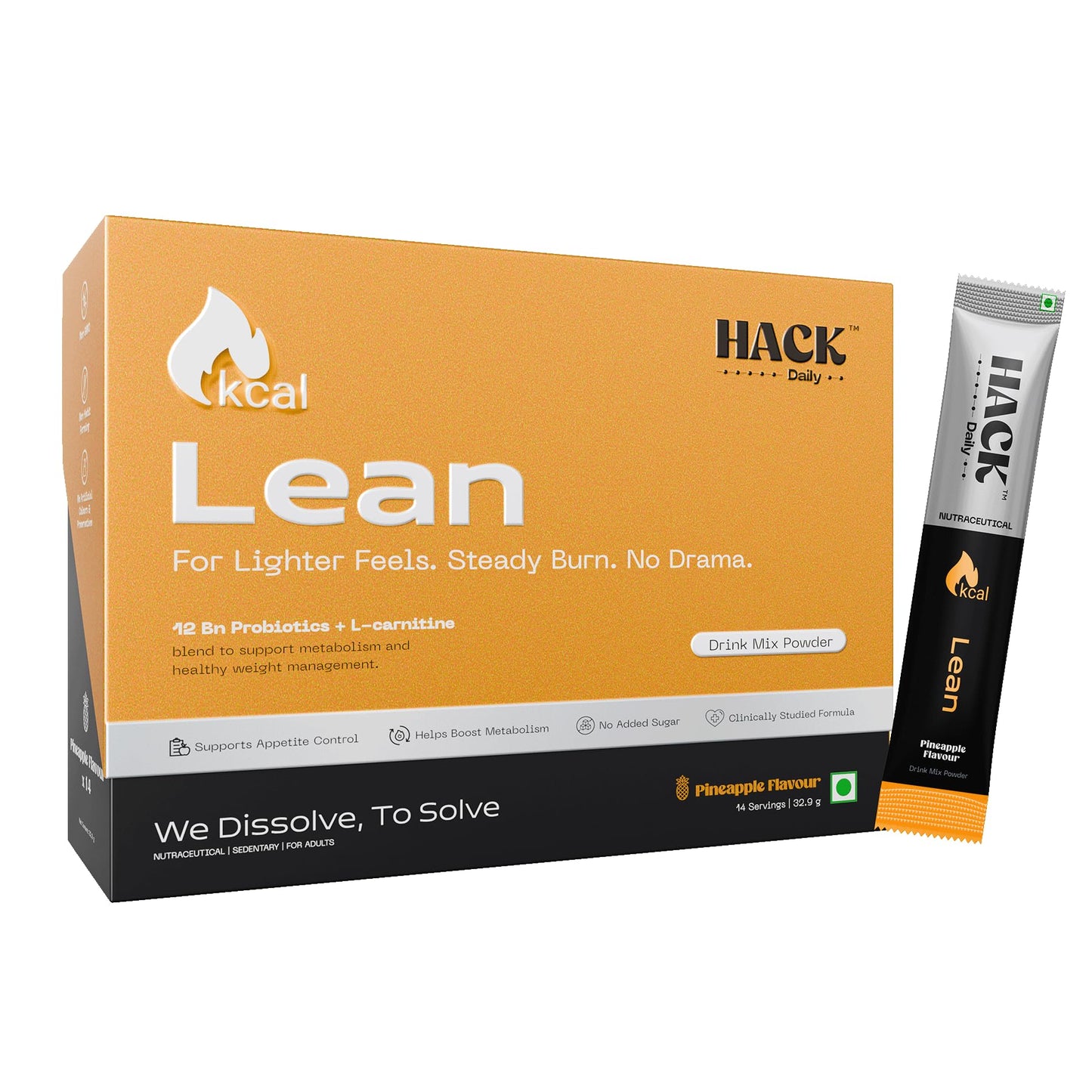 Hack Daily Lean Daily Metabolism Support Drink Mix | L-Carnitine, Probiotics (12Bn CFU), Chromium & Green Coffee Extract | Supports Weight loss & Fat Metabolism | Sugar-Free | Pineapple | 14 Servings