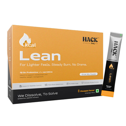 Hack Daily Lean Daily Metabolism Support Drink Mix | L-Carnitine, Probiotics (12Bn CFU), Chromium & Green Coffee Extract | Supports Weight loss & Fat Metabolism | Sugar-Free | Pineapple | 14 Servings