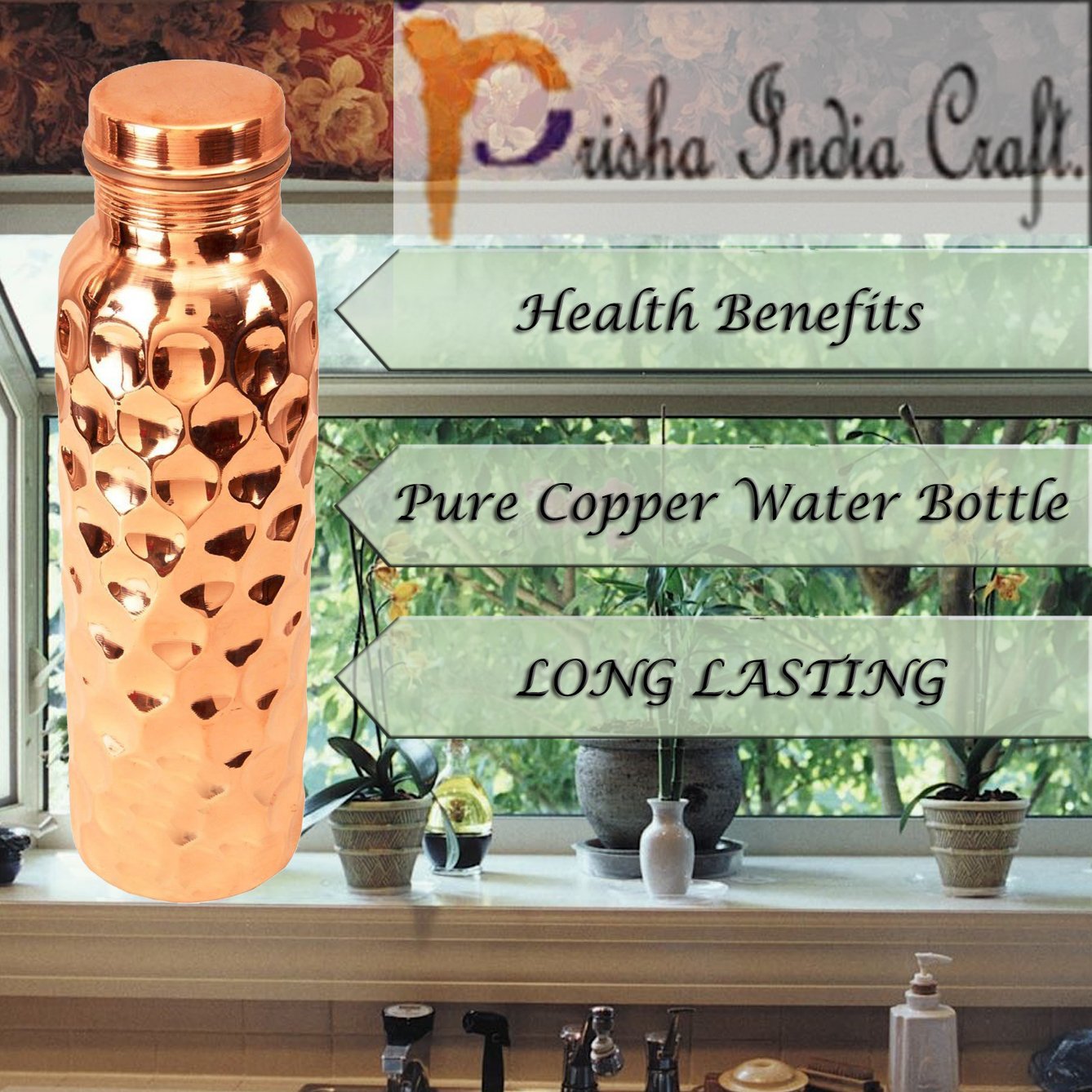 Prisha India Craft Pure Copper Water Bottle, Diamond Design, Capacity 900 ML, Set of 2