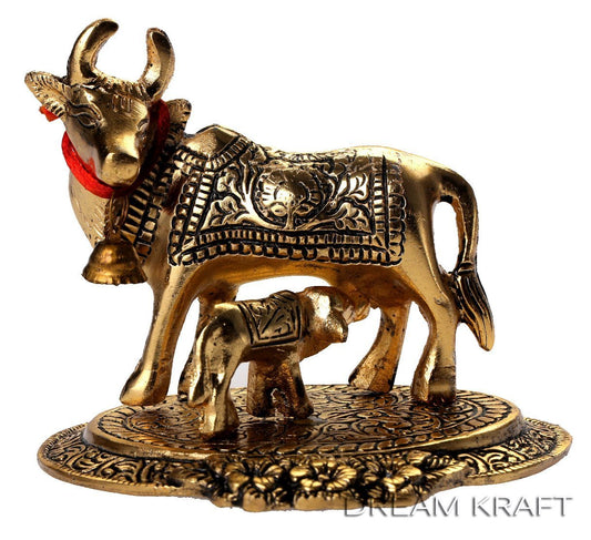 DreamKraft Metal Kamdhenu Cow And Calf Statue, Standard, Gold