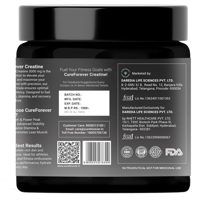 CUREFOREVER Creatine Monohydrate Powder – Unflavoured, 100 Servings, Micronized Pre-Workout Supplement for Muscle Strength, Power, Size, Endurance & Faster Recovery – 300g Pack