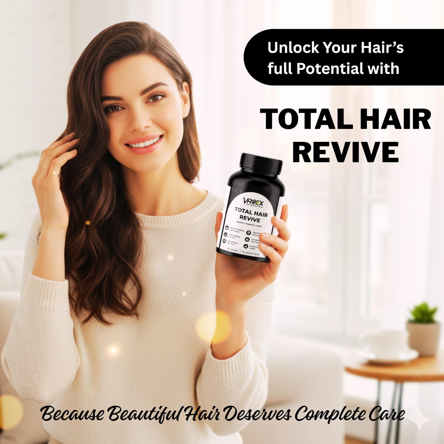 VREEX Total Hair Revive | Hair Growth & Strength Supplement with Biotin, Keratin, MSM, Bamboo Extract, Saw Palmetto & Vitamins | Supports Healthy Hair, Scalp & Shine | 60 Capsules