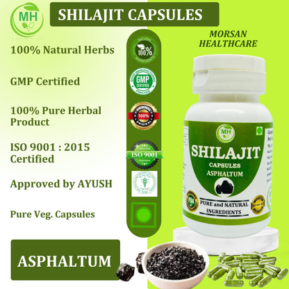 Morsan Healthcare SHILAJIT Capsules – 60 Veg Capsules | Pure Asphaltum Extract (Shuddha Shilajit) | Natural Ayurvedic Supplement | Plant-Based Wellness Formula | Pack of 4