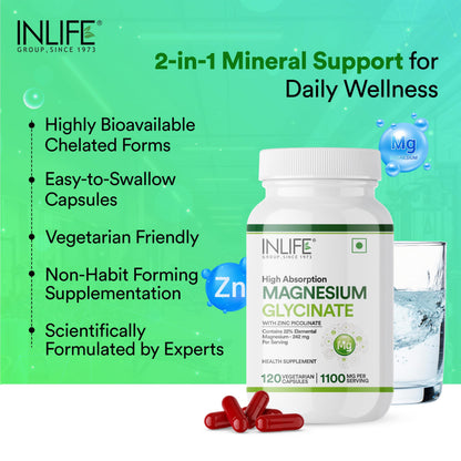 INLIFE Magnesium Glycinate Supplement 1100mg (Elemental Magnesium 242mg) with Zinc 10mg (as Zinc Picolinate) Per Serving, Relaxation & Healthy Muscle Function - 120 Capsules (Pack of 1, 120, count)