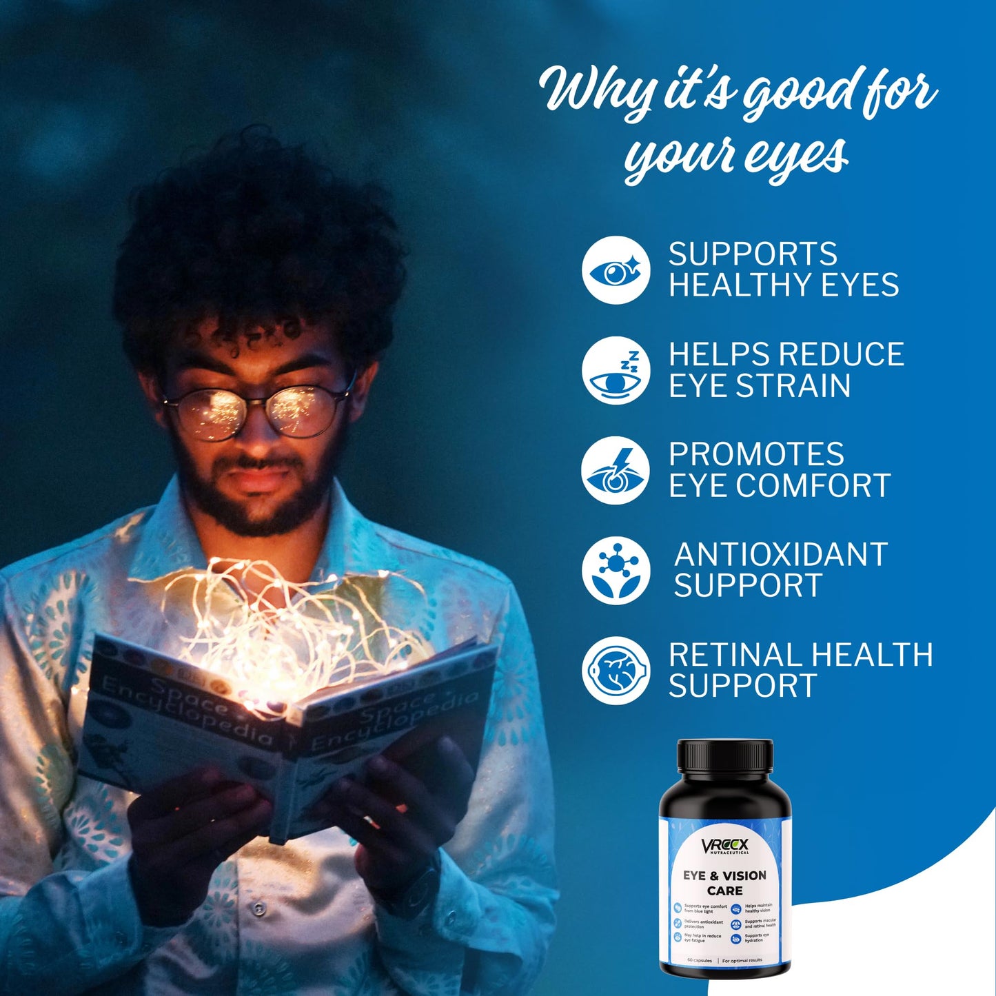 VREEX Eye & Vision Care Capsules with Lutein, Astaxanthin, Zeaxanthin, Bilberry Extract, Vitamin A & C | Supports Eye Health, Vision & Antioxidant Support – (60 Veg Capsules)