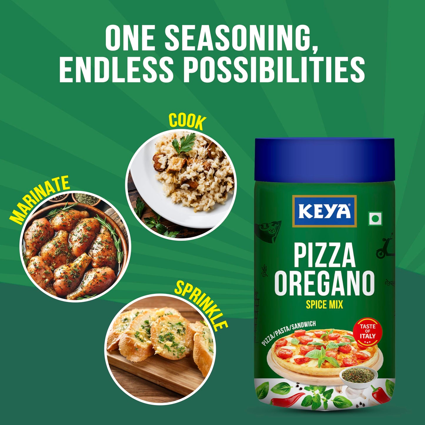 Keya Italian Pizza Oregano | Pizza Oregano Spice Mix | Healthy Italian Seasoning | Multipurpose Seasoning| 100% Natural | Vegan | Zero Preservatives, Artifical Colours & Flavours |No MSG | Marinade Mix, Dip Mix, Sprinkler |Perfect for Pizza, Pasta, Garlic
